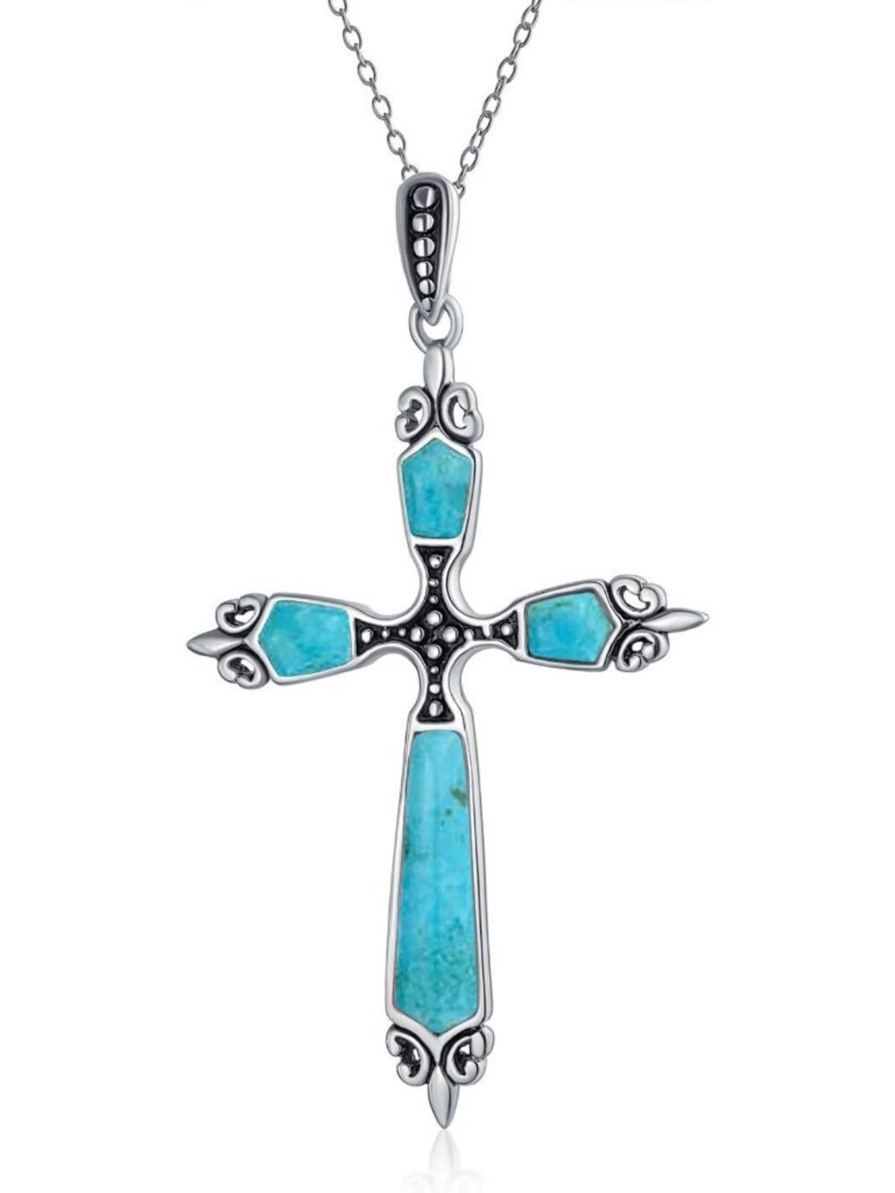 Sterling Silver Fleur De Lis Cross Pendant Necklace with Gemstones - Faith